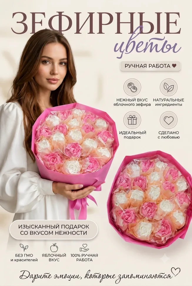  Букет Зефирный Размер XL бело-розовый,350г в Арсеньеве